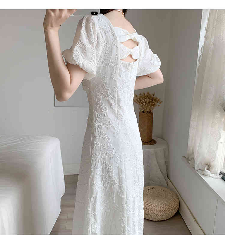 Elegant Sweet Retro Dress Women White Beading Square Collar Slim Waist Party for Females Korean Style Summer 210519