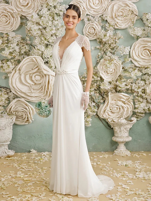 Wedding Dress 2022 Bridal Gown V Neck Sweep Train Chiffon Sheer Lace Short Sleeve Beads Casual Vintage See-Through Plus Size Vestido De Noiva Robe Mar