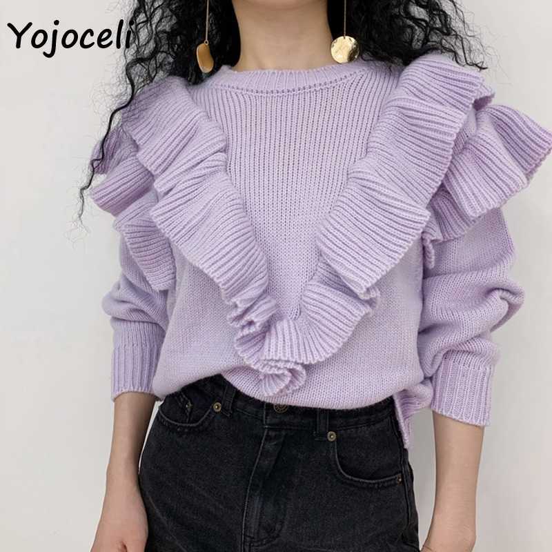 Yojoceli streetwear cute ruffle sweater women o neck cool knit pullover jumper 210609
