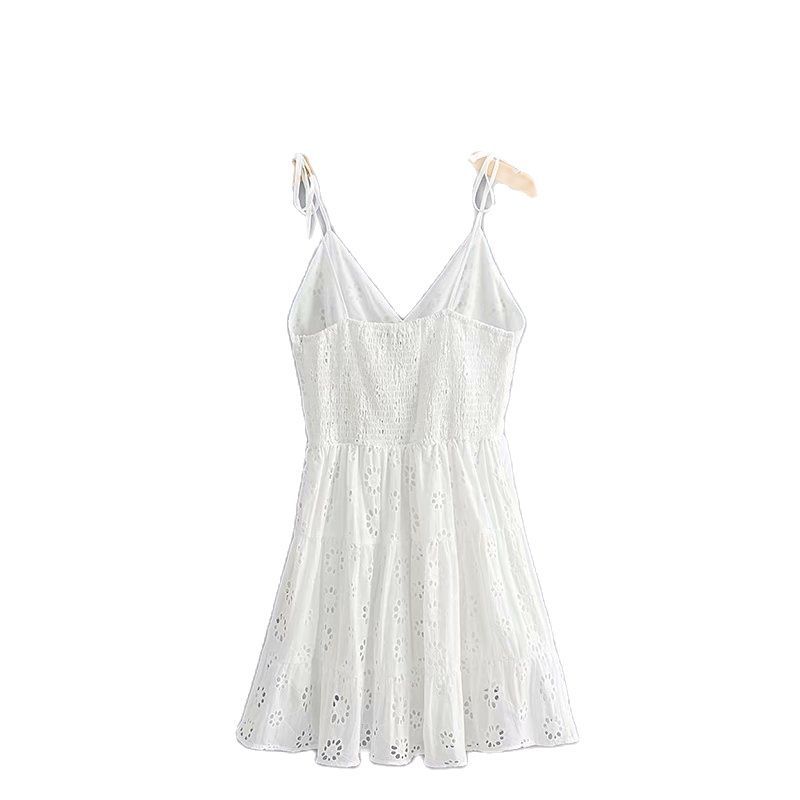 Vintage White Hollow V-neck Strap Dress Women Sexy Halter Slim Stitching Chic Female Mini Dress Mujer 210507