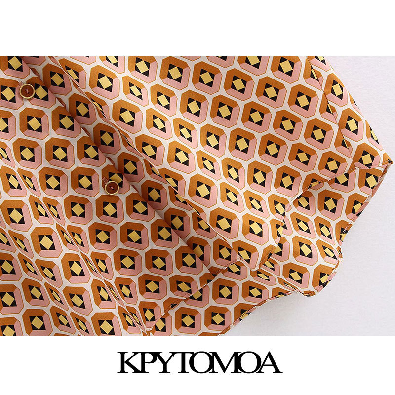 Women Fashion Geometric Print Pocket Blouses Lapel Collar Short Sleeve Female Shirts Blusas Chic Tops 210420