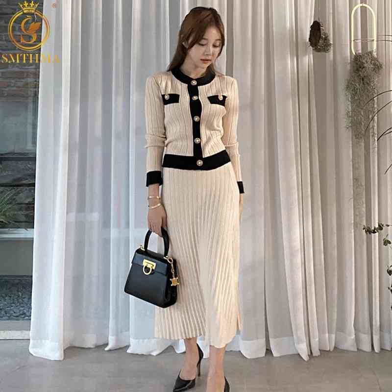 Autumn And Winter Knitted Cardigan Two Pieces Sets Single Breasted Full Sleeve High Waist Pleated Long Skirt Women Suit 210520