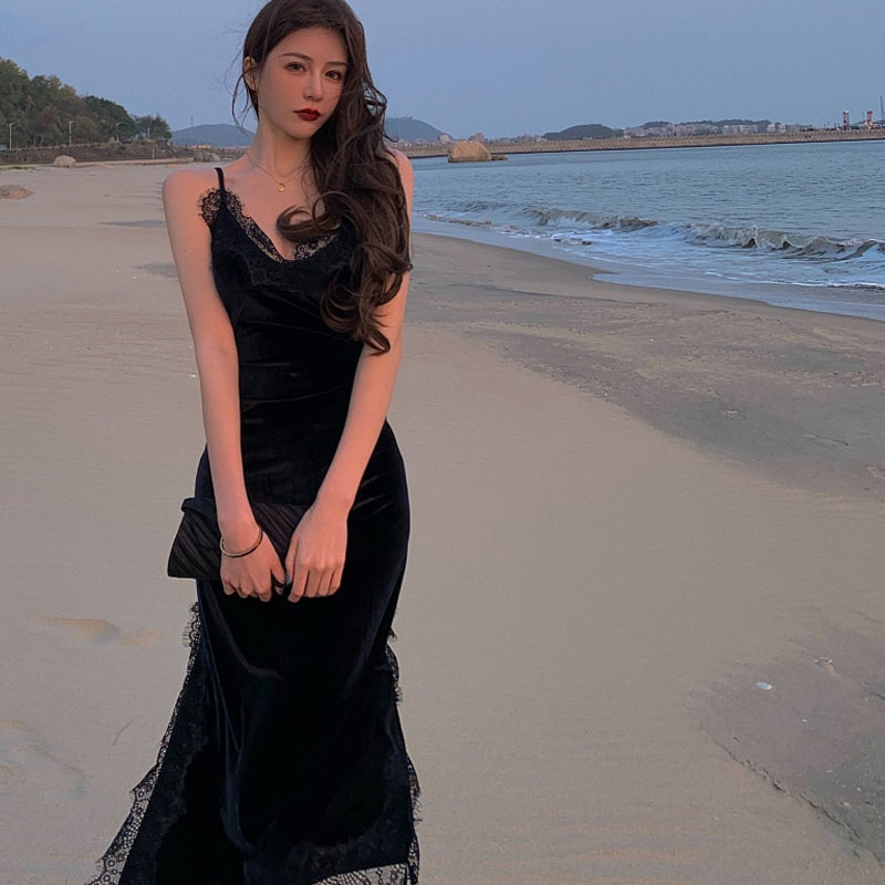 Black Vingate Strap Dress Women Sexy V-neck Lace Elegant Midi Dress Female Beach French Dress Korean Summer Y2K 210521