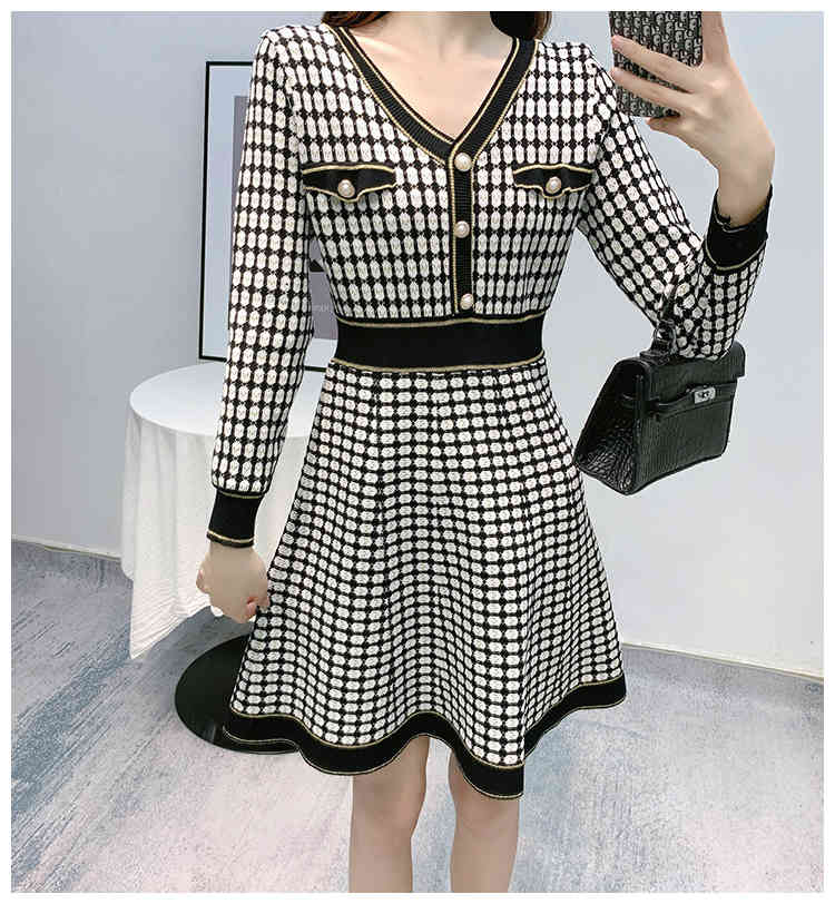 Autumn Women Korean Fashion Sexy V-Neck Long Sleeve Plaid Knitted Sweater Casual Slim Dresses Vestidos 210518
