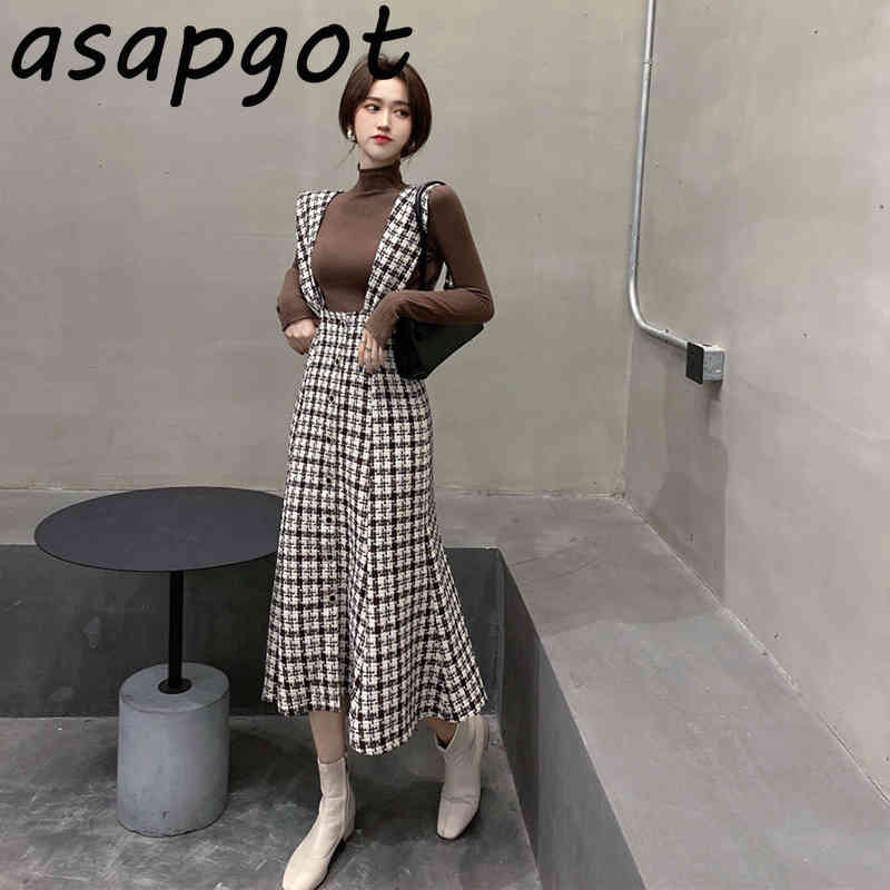 Temperament Slim Plaid Tank Dress Women Autumn Winter Retro Mermaid Turtleneck Puff Sleeve Tshirt Fashion 210429