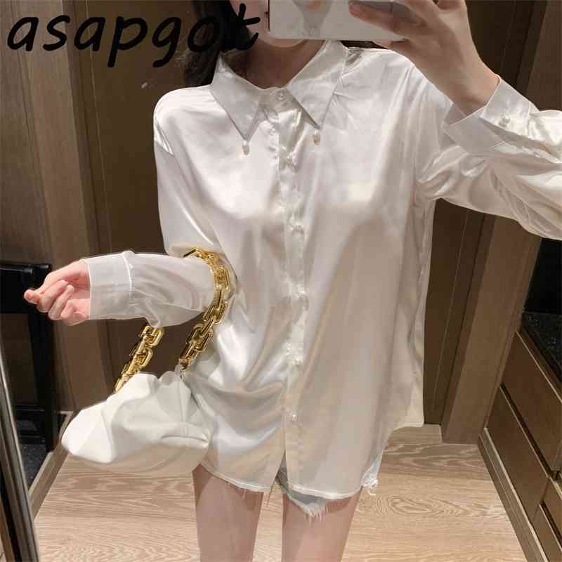 Blouses & Shirts Spring Sexy Black Backless Hollow Out Pearl Chain Satin Blouse Loose Full White Shirt Women Clothing Retro 210429