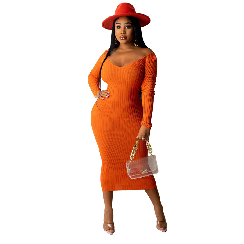 Fall Winter Knitted Ribbed Dresses Women Long Sleeve V Neck Bodycon dress Autumn Midi Skirts Sexy Hip package Wear skirt Solid Party Club