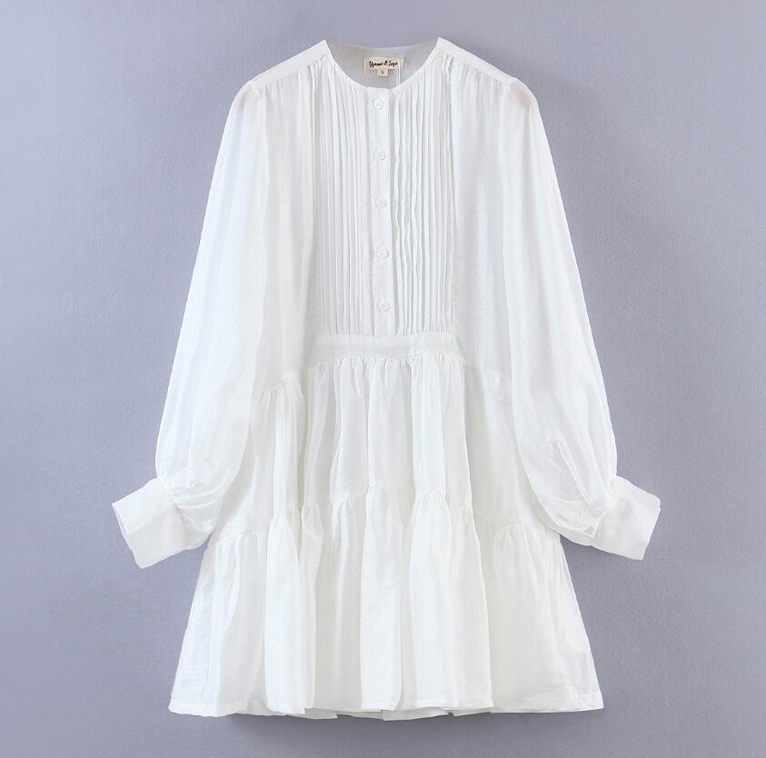 Vintage Open Buttons Round Collar Spliced Pleated Ruched Women Dress Holiday Lantern Sleeve Loose Dresses Beach 210429