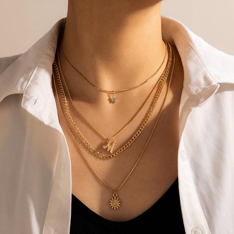 Chains Bohemian Sun Satr Gold Color Pendant Necklace For Women 2022 Trendy Letter M Multilayer Jewelrty Accessories 13381