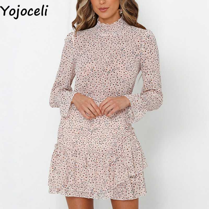Yojoceli Sexy print ruffle chiffon dres Autumn elegant casual cool short female vestidos Party beach cute es 210609
