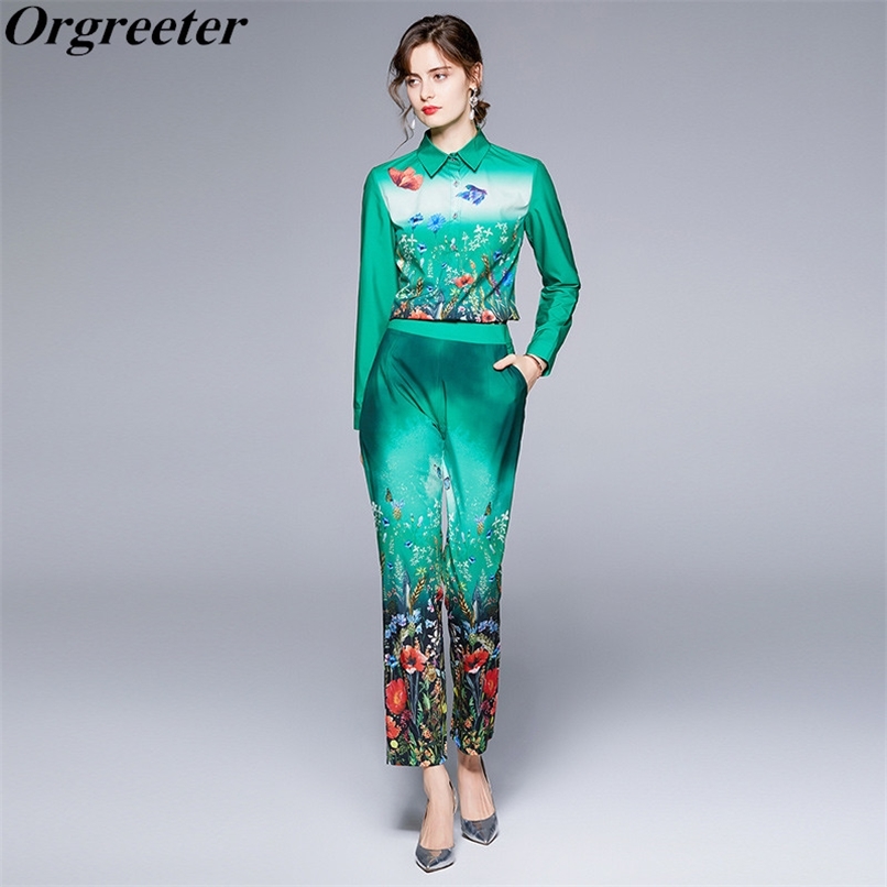 Summer Fall Runway Designer Green 2 Piece Trousers Sets Women Floral Print Long Sleeve Elegant Shirt and Pencil Pants Suits 210602
Summer Fall Runway Designer Green 2 Piece Trousers Sets Women Floral Print Long Sleeve Elegant Shirt and Pencil Pants Suits 210602
