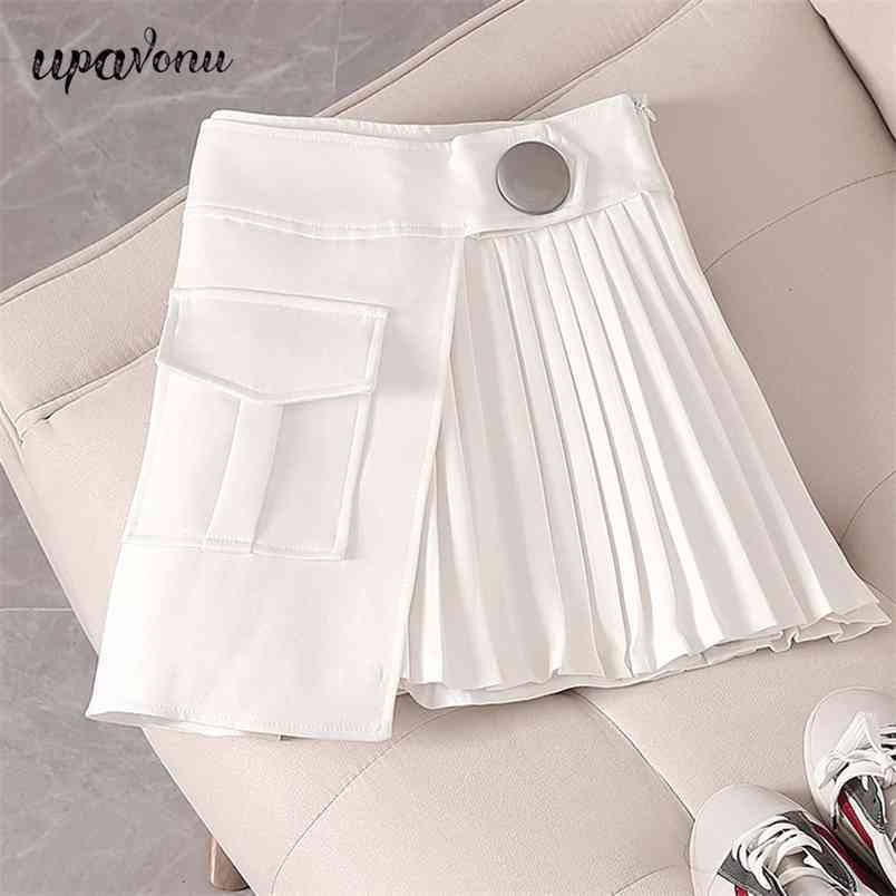 Free Irregular Pleated Skirt Women's Summer High Waist A-line White Fashion Elegant Ladies Hakama 210524