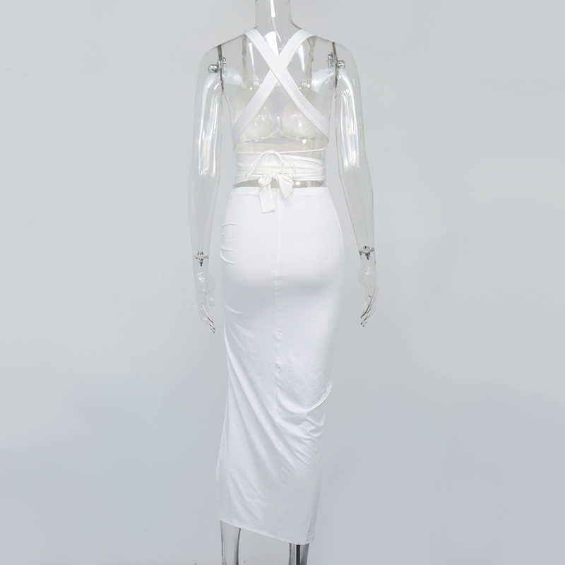 Colysmo Beach Party Two Piece Set Summer Backless Crop Top High Split Long Skirts Sexy 2 Sets Women Club Outfits White 210527