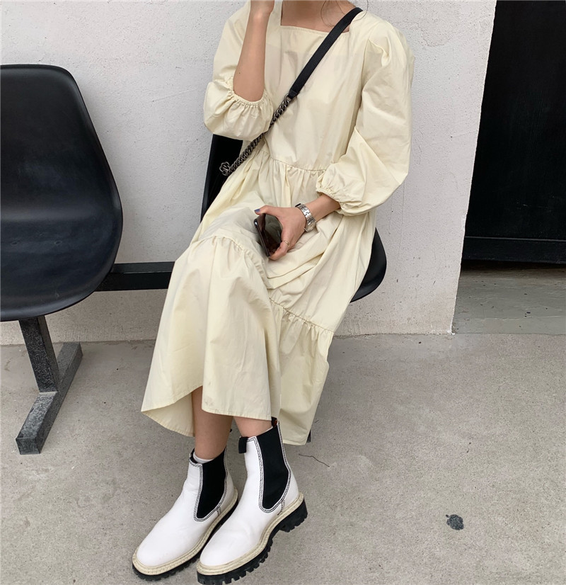 Comelsexy Women Dresses Loose Cotton Summer Dress Slim Solid Puff Sleeve Long Dresses Vestidos Casual Black Apricot Autumn 210515