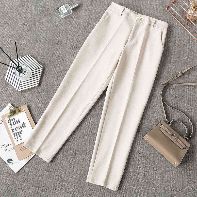 High Waist Woman Woolen pants Loose apricot gray business OL blazer suit female autumn winter 211115