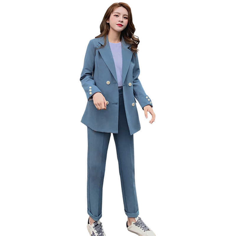 Women Suits Office Sets Long Sleeve Double-breasted Business Ladies Elegant Two-piece Blazer And Pants Set For 210603