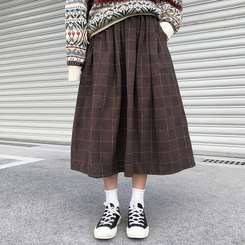 YBYR Japanese Style Elastic High Waist Long Skirts Woman Autumn Winter Female Loose Plaid A-line Pleated Harajuku Spring 210621
