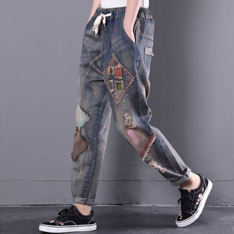 Spring Fashion Women Jeans Vintage Embroidery Patchwork Loose Cotton Denim Harem Pants Ladies Drawstring Ripped Hole D98 210512
