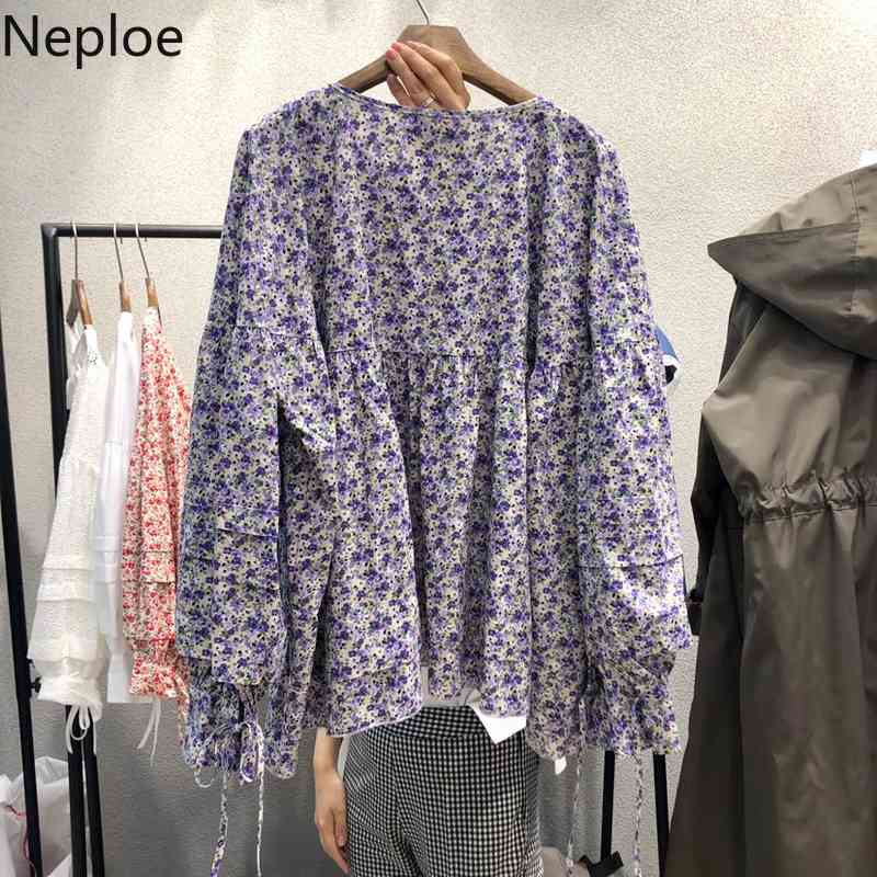 Neploe Vintage Floral Tops Female Loose Thin Long Sleeve Shirt Women Korean Clothing Vintage Blusas O Neck Chiffon Blouse 4h842 210422