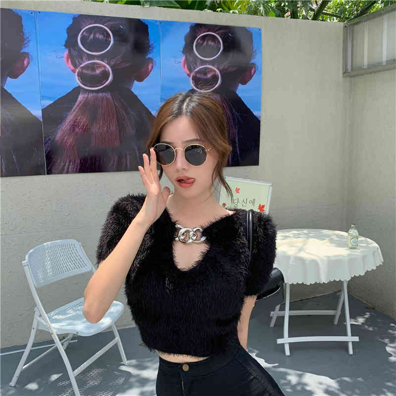 Women Short Slim Pullover Sexy Chain V-neck Cropped Sweater Chic Female Korean Mohair Sleeve Ladies Jumper 210519