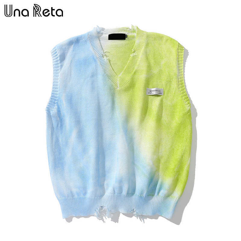 Una Reta Tie Dye Sweater Vest Men Streetwear Men's Vests V Neck Pullover Men Sleeveless Sweater Hole Men's Sweater 210809