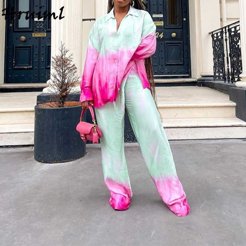 Suit Women Two Pice Autumn Arrival Fashion Long Sleeve Shirts Wide Leg Pants Female Suit Loose Tie-dye Printed Women Sets 211118