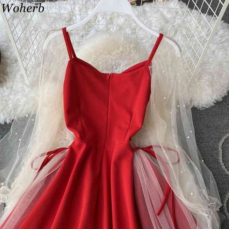 Women Dress Summer Puff Sleeves V-neck Patchwork Gauze Robe Sweet Beaded Dresses Korean Elegant Slim Waist Midi Vestidos 210519