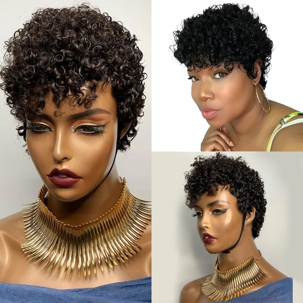 Short Pixie Cut None Lace Front Human Hair Wigs With Bangs Kinky Curly Wig Preplucked Brazilian Remy For Women