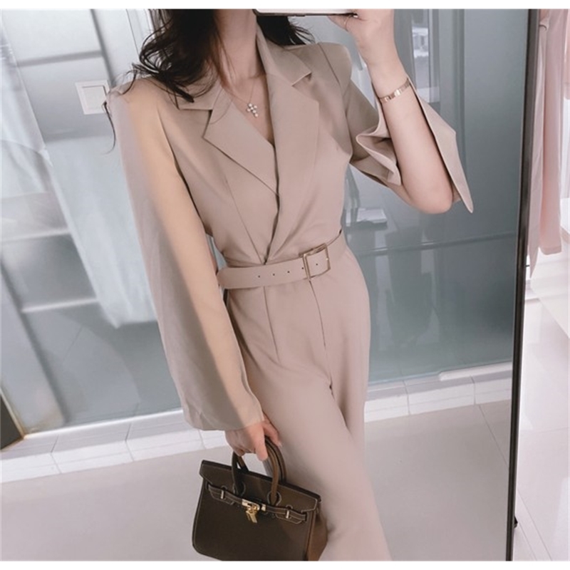 High Quality Spring Fashion Women's Romper Split Long Sleeve Notched Overalls Office OL Slim Wide Leg Jumpsuits 210519