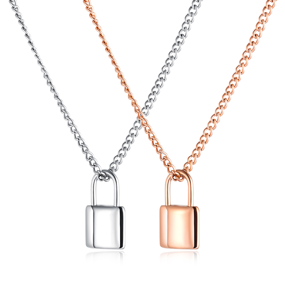 Stainless Steel Charm Lock Pendant Necklace 14K Gold Plated Clavicle Chain