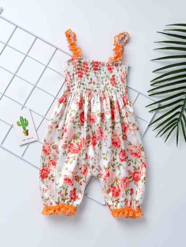 Baby Girl Allover Floral Shirred Satin Romper & Headband SHE