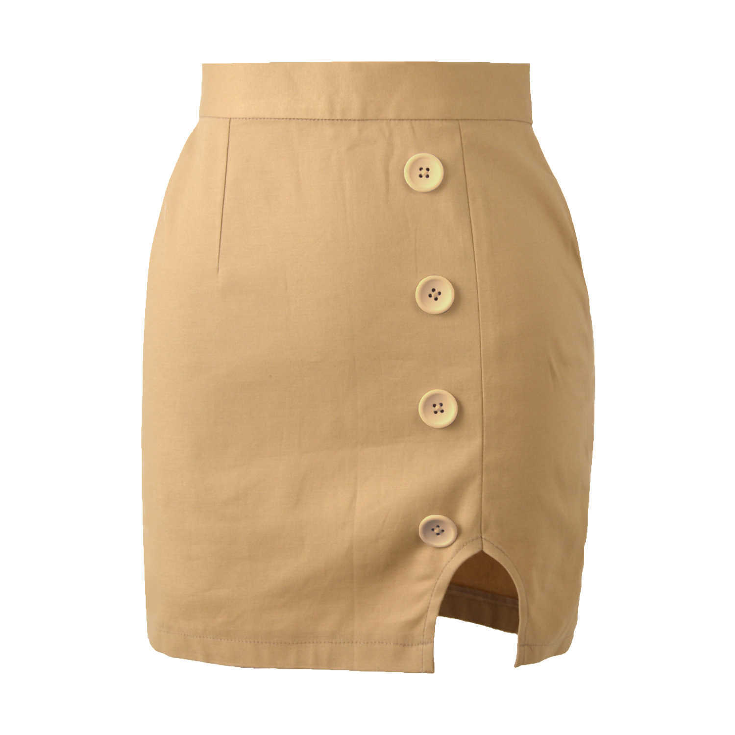 Summer High Waist Button Split Skirt Ladies Casual Sexy Bodycon MIni Dresses Women Slim Black Office Skirts Falda Blanca 210604