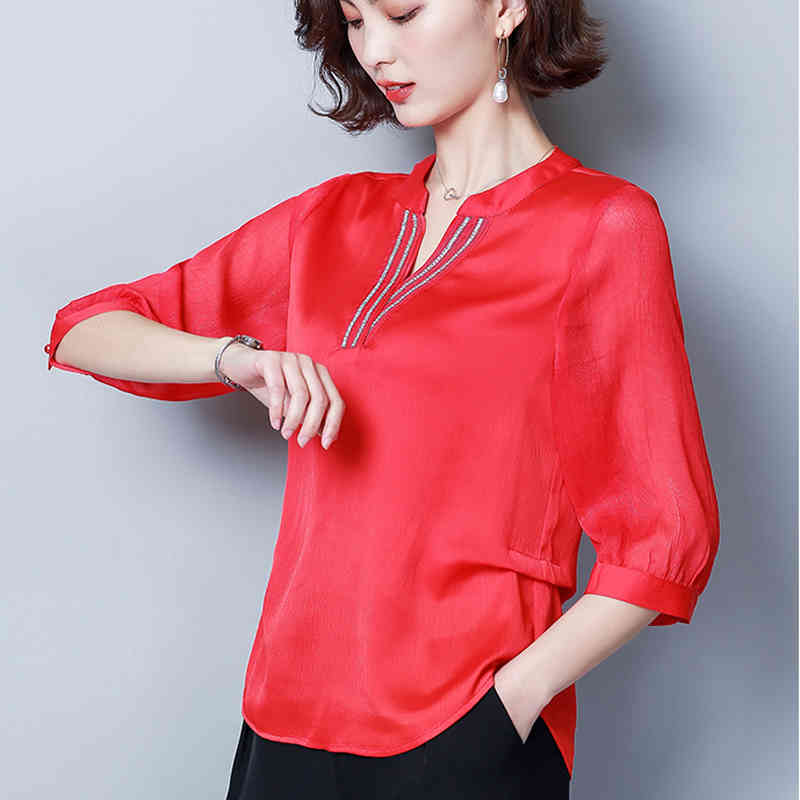 Spring Summer Short Sleeve Chiffon Blouse Women Casual Plus Size Solid Shirt V-neck Ladies Tops Camisas Mujer 8608 50 210508