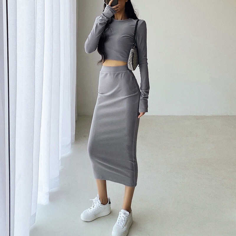 Vintage Long Sleeve T-shirt Sexy Women Bodycon Package Hips Midi Skirt Crop Top Short Pullover Tee Tops 2 Pieces Set 210429