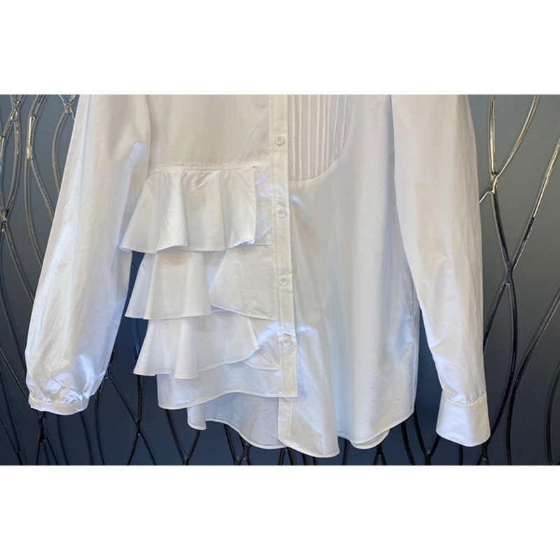 White Patchwork Ruffle Shirt For Women Lapel Long Sleeve Pleated Casual Blouse Female Fashion Clothing 210524