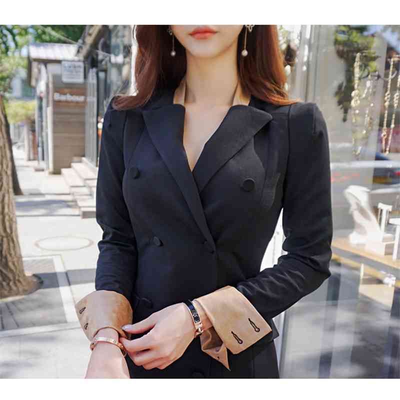 Elegant Women Office Work Blazer Dress Fashion Notched Long Sleeve double-breasted Vintage Business Bodycon Party Dresses 210519