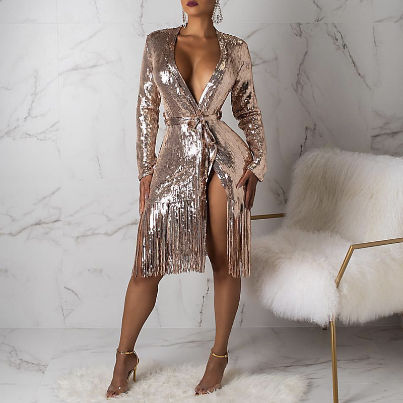 BE HYGGE Sexy Glitter Silver Tassel Dress Women Deep V-Neck Lace Up Long Sleeve Dress Female Shiny Slit Party Club Dresses 210325