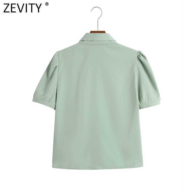 Zevity Women Sweet Bow Tie Solid Casual Shirt Office Lady Pleat Short Sleeve Blouse Roupas Chic Diamond Button Blusa Tops LS9415 210603