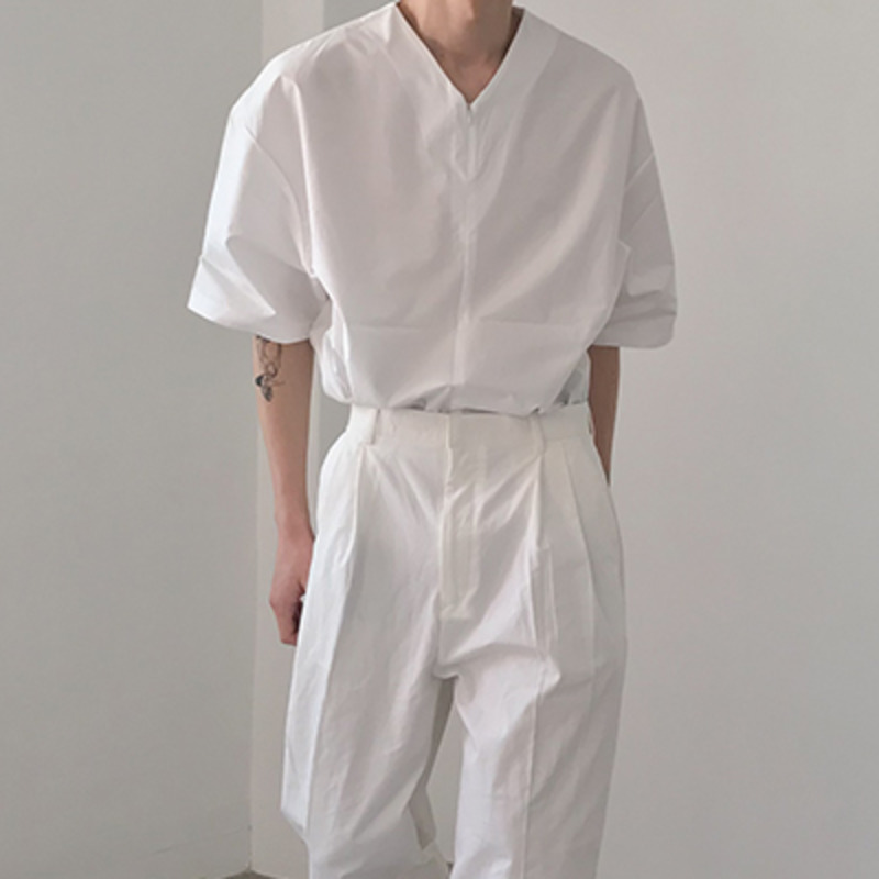 IEFB Summer Oversized Whie Shirts For Men V Collar Short Sleeve Causal Streetwear Tops Loose Comfortable Clothes 9Y6622 210524