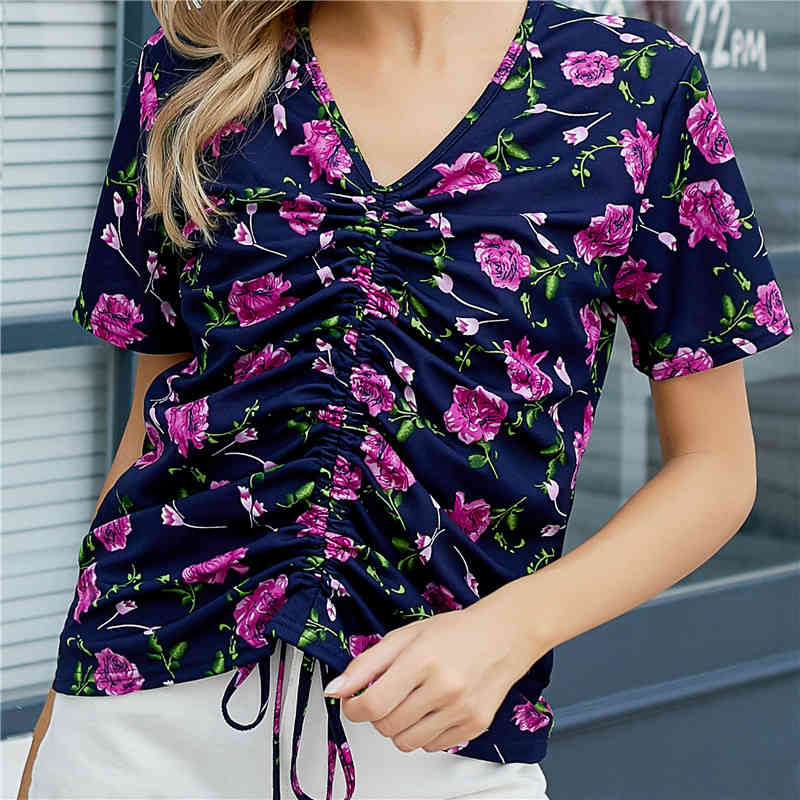 Blusas Mujer De Moda Summer Blouse Women Print Short Sleeve Tops Elegant Office Lady V-neck Shirt Drawstring Top 9848 210506