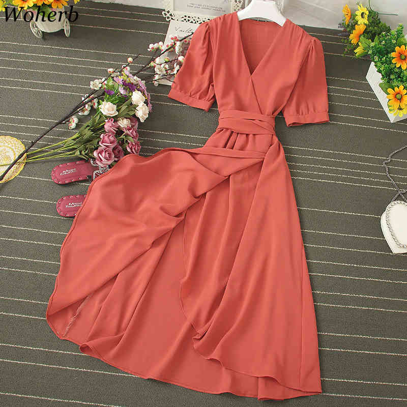 V-neck Chic Short Sleeve Dress Women Solid Bandage Waist Vestidos Casual All Match Asymmetrical Dresses Summer Robe 210519