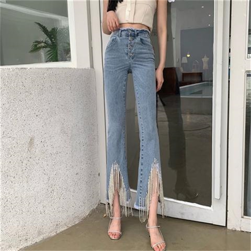 Jeans With Beads Tassel Rhinestones Vintage Skinny High Waist Stretchy Petite Ankle Elastic Denim Pants 210510