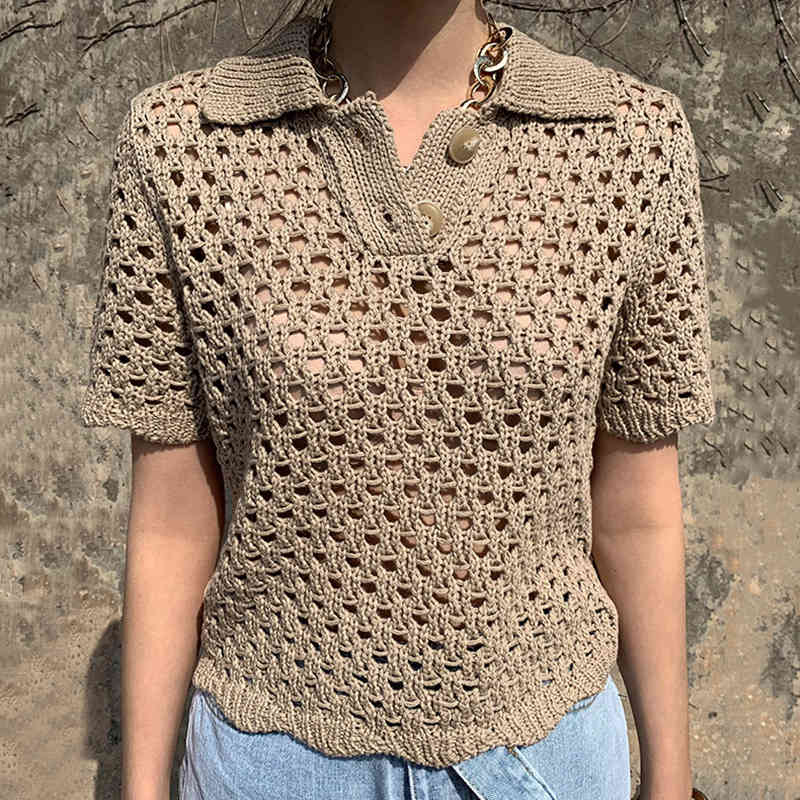 Women T-Shirt Summer Korean Chic French Retro Lapel Mesh Hollow Perspective Design Casual Short-Sleeved Sweater 210514