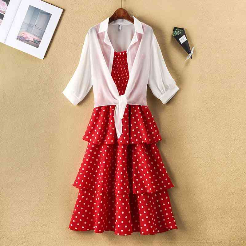 Summer Dress Women Sweet Polka Dots Sling Elastic Waist Midi Beach es Chiffon Small Shawl Ladies Suits Plus Size Cake 210526