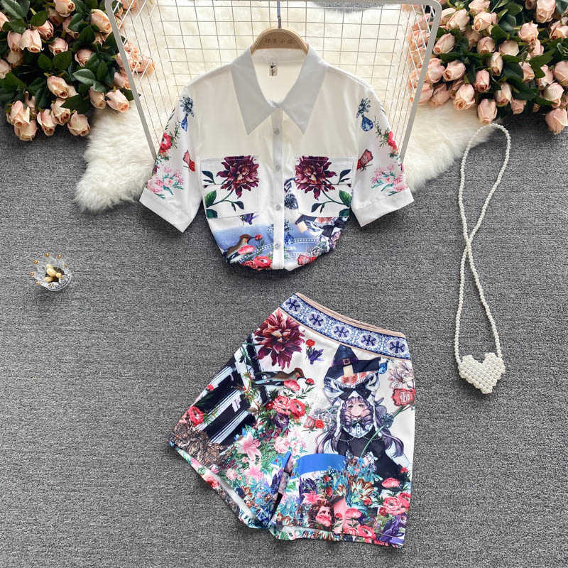 DEAT Women Lapel Short Shirt Printing Shorts Arrivals Two Piece Set Fashion Temperament Spring Summer 11D1567 210709