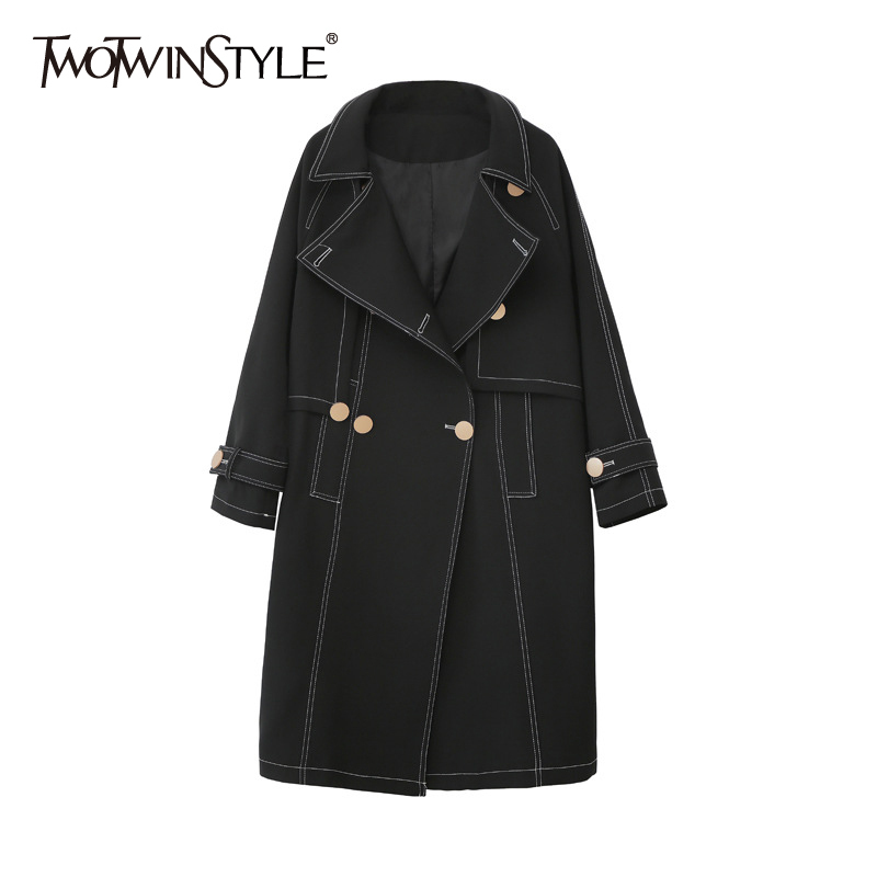 Black Denim Casual Trench Coat For Women Lapel Long Sleeve Double Breasted Korean Female Autumn Clothes 210524
