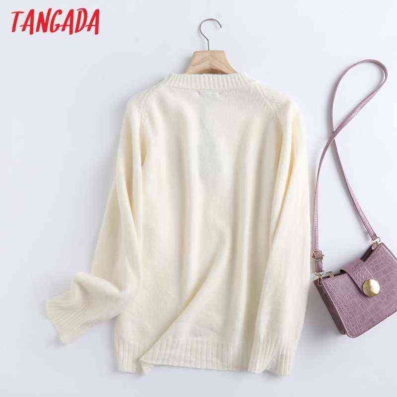 Tangada Women Fashion Elegant Beige Knitted Sweater Jumper O Neck Female Oversize Pullovers Chic Tops 6D24 211109
