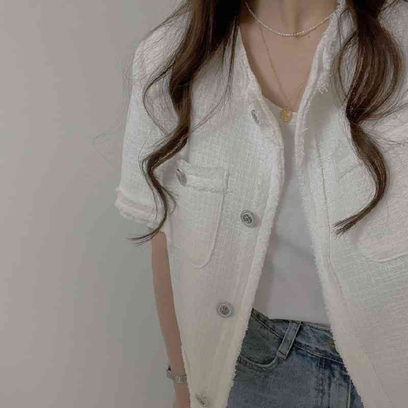 Summer Women Small Fragrance Tweed Short Sleeve Outerwear Chic Single Breasted Korean Casual Jacket Coat Female 210519