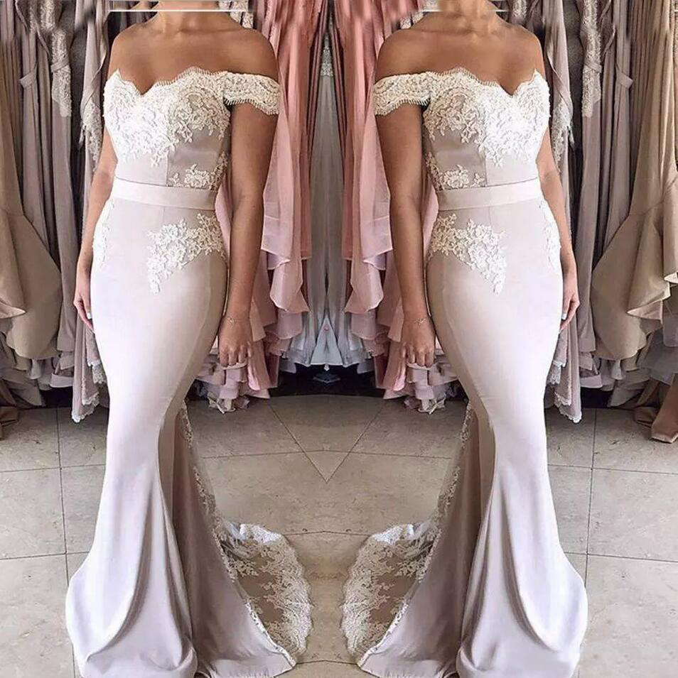 New Blush Pink Lace Chiffon Bridesmaid Dresses Long Off-shoulder Zipper Back Formal Party Gowns Sweet 16 Girls Junior Bridesmaid Dress