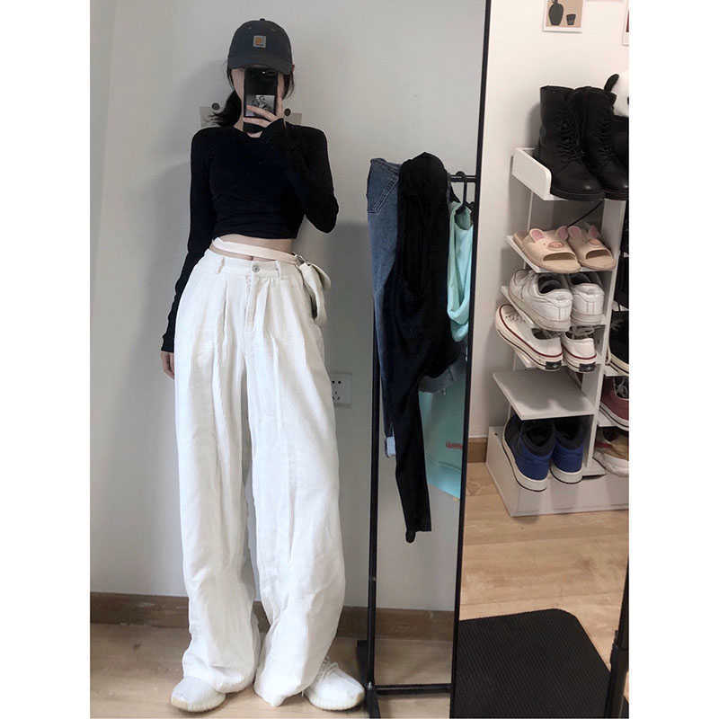White Corduroy Wide Leg Pants for Women All Match Loose Straight High Waist Drape Casual Trousers 210615